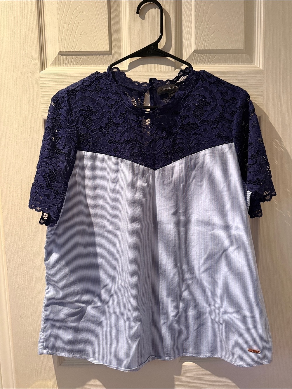 Ivanka Trump Navy Lace Yoke Light Blue Striped Blouse